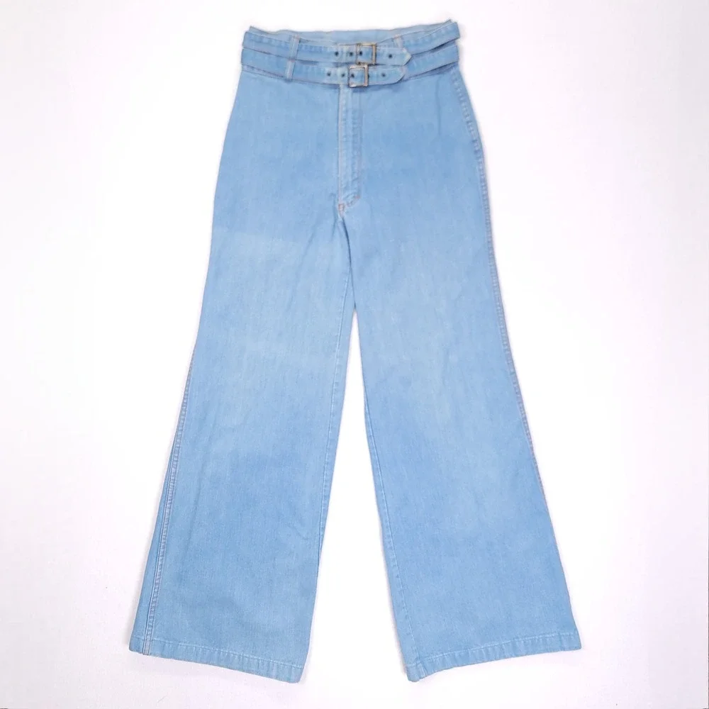 Pentimento Vintage High Waisted Wide Leg Double Belt Jeans Light Wash 13L - Picture 1 of 10